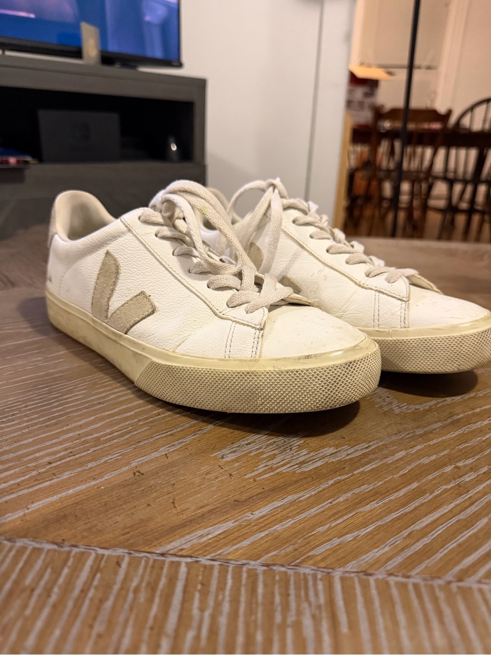 Veja Women’s White Leather Lace-Up Sneakers, Cream Accents